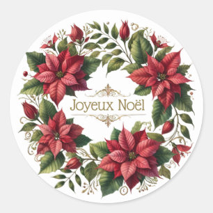 Vintag Watercolor Poinsettias French Joyeux Noël Runder Aufkleber