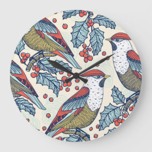 Vintag Waxwings Weihnachtsmuster Große Wanduhr