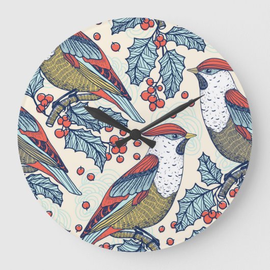 Vintag Waxwings Weihnachtsmuster Große Wanduhr (Vorderseite)