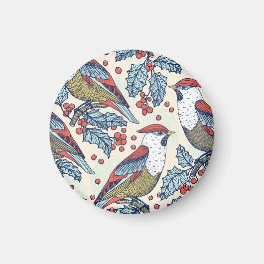Vintag Waxwings Weihnachtsmuster Magnet (Vorne)