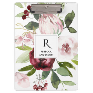 VINTAG WEISS, BLUSH PINK BURGUNDY PROTEA FLORAL KLEMMBRETT