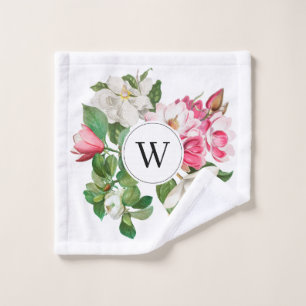 Vintag-Weiß-und rosa-Magnolien-Blume Monogramm Badhandtuch Set