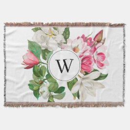 Vintag-Weiß-und rosa-Magnolien-Blume Monogramm Decke