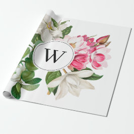 Vintag-Weiß-und rosa-Magnolien-Blume Monogramm Geschenkpapier