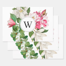 Vintag-Weiß-und rosa-Magnolien-Blume Monogramm Geschenkpapier Set