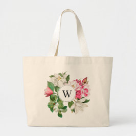 Vintag-Weiß-und rosa-Magnolien-Blume Monogramm Jumbo Stoffbeutel