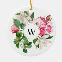 Vintag-Weiß-und rosa-Magnolien-Blume Monogramm Keramik Ornament