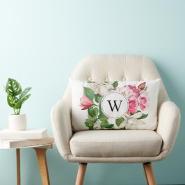 Vintag-Weiß-und rosa-Magnolien-Blume Monogramm Lendenkissen
