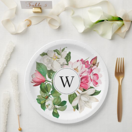 Vintag-Weiß-und rosa-Magnolien-Blume Monogramm Pappteller (Hochzeit)