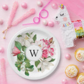 Vintag-Weiß-und rosa-Magnolien-Blume Monogramm Pappteller (Party)