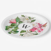 Vintag-Weiß-und rosa-Magnolien-Blume Monogramm Pappteller (Schrägansicht)