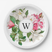 Vintag-Weiß-und rosa-Magnolien-Blume Monogramm Pappteller (Vorderseite)