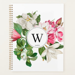 Vintag-Weiß-und rosa-Magnolien-Blume Monogramm Planer