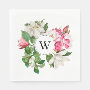 Vintag-Weiß-und rosa-Magnolien-Blume Monogramm Serviette