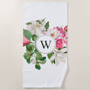 Vintag-Weiß-und rosa-Magnolien-Blume Monogramm Strandtuch