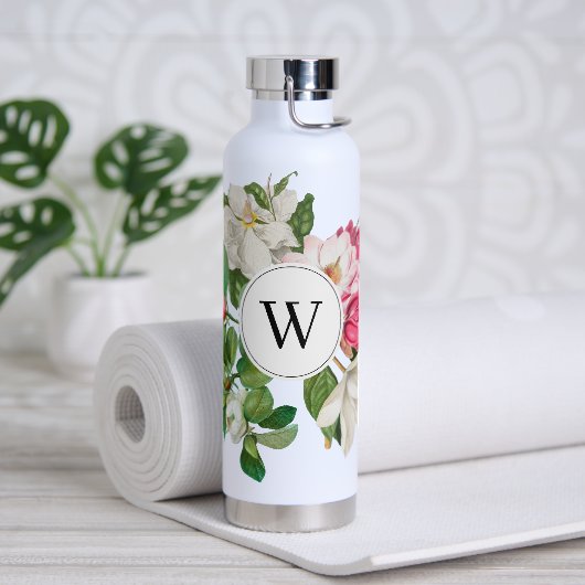 Vintag-Weiß-und rosa-Magnolien-Blume Monogramm Trinkflasche (Yoga)