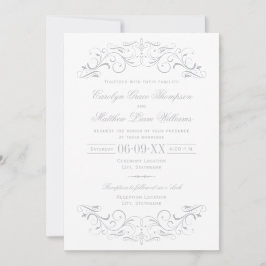 Vintag-Weiß- und Silbergrau-Blüh Einladung (Vorderseite)