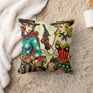 Vintag Western Cowgirl Comicen Kissen