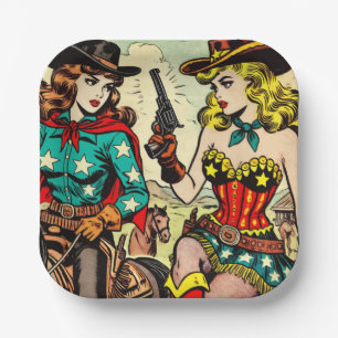 Vintag Western Cowgirl Comicen Pappteller