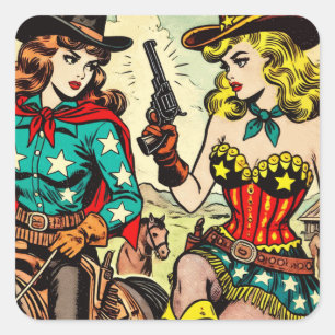 Vintag Western Cowgirl Comicen Quadratischer Aufkleber