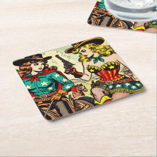 Vintag Western Cowgirl Comicen Rechteckiger Pappuntersetzer