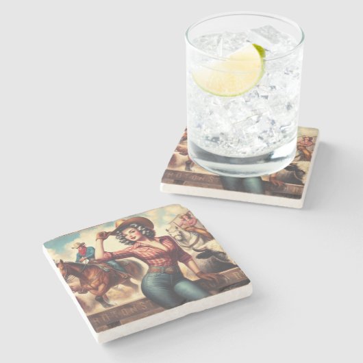 Vintag Western Cowgirl Steinuntersetzer (Seitenansicht)