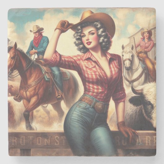 Vintag Western Cowgirl Steinuntersetzer (Vorderseite)