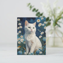 Vintag White Cat Blume Blue Portrait Van Gogh