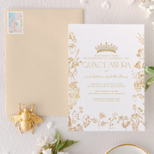 Vintag White Gold Tiara Floral Quinceañera Einladung