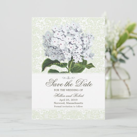 Vintag-White-Hydrangea Save the Date (Stehend Vorderseite)