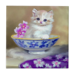 Vintag White Kitten Illustration Fliese