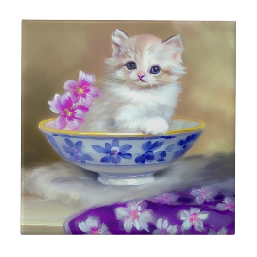 Vintag White Kitten Illustration Fliese (Vorderseite)