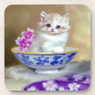 Vintag White Kitten Illustration Getränkeuntersetzer