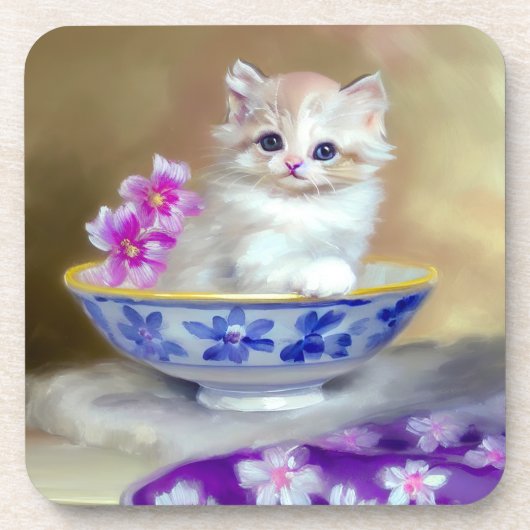 Vintag White Kitten Illustration Getränkeuntersetzer (Vorderseite)
