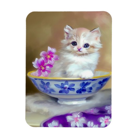 Vintag White Kitten Illustration Magnet (Vertikal)