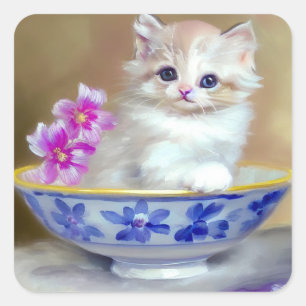Vintag White Kitten Illustration Quadratischer Aufkleber