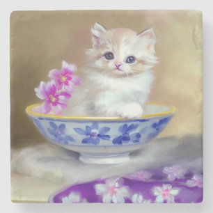 Vintag White Kitten Illustration Steinuntersetzer