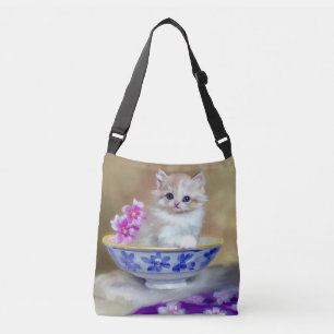 Vintag White Kitten Illustration Tragetaschen Mit Langen Trägern