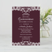 Vintag White Lace Burgundy Quinceanera Einladung (Stehend Vorderseite)