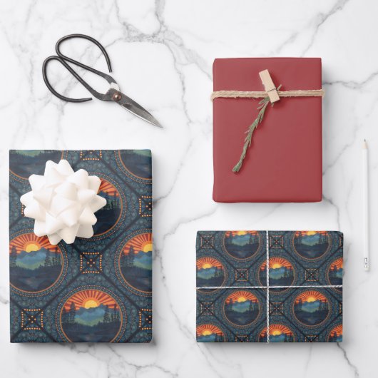 Vintag Wilderness Sunset Mandala Geometric Tile Geschenkpapier Set (Vorderseite)