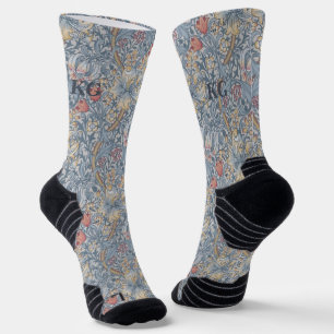 Vintag William Morris Navy Blue Red Chrysanthemum Socken