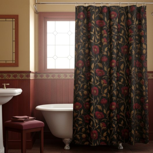Vintag William Morris Red Gold Poppy Floral Duschvorhang