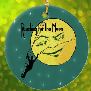 Vintag Winking Moon Man Lady Reach for Moon Keramik Ornament