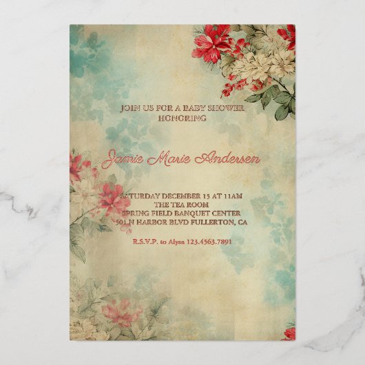 Vintag Winter Floral Weihnachtsdusche Folieneinladung (Vorderseite)