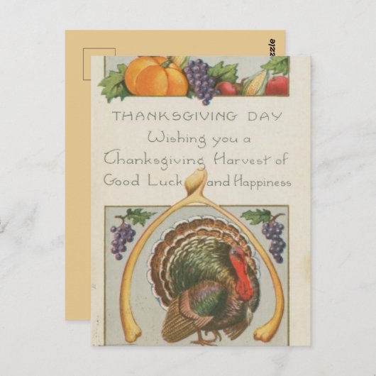 Vintag Wishbone Turkey Traupes Erntedank Postkarte (Vorne/Hinten)