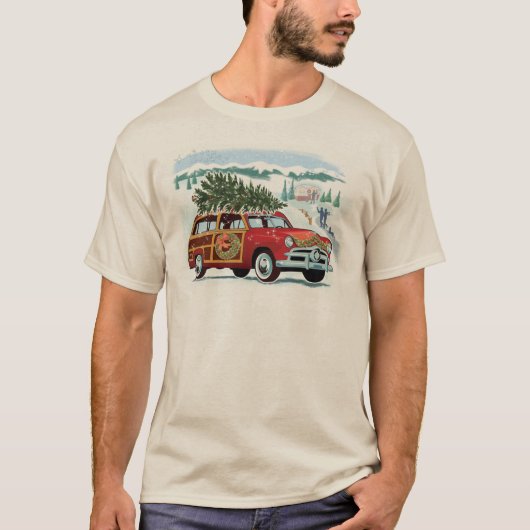Vintag Woodie Wagon + Christmas Tree T Shirt (Vorderseite)
