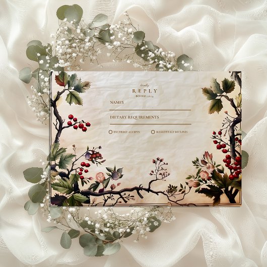 Vintag Woodland Berry Wedding RSVP Karte