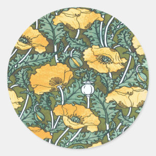 Vintag Yellow Art Nouveau Poppy Runder Aufkleber