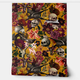 Vintag Yellow Mystic Skull Blume Bird Garden Tapete