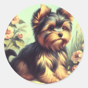 Vintag Yorkshire Terrier Painting Runder Aufkleber